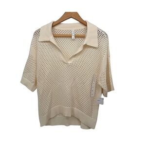 Stylus Short Sleeve Open Perforated Knit Vneck Polo Sweater NWT Cream Medium